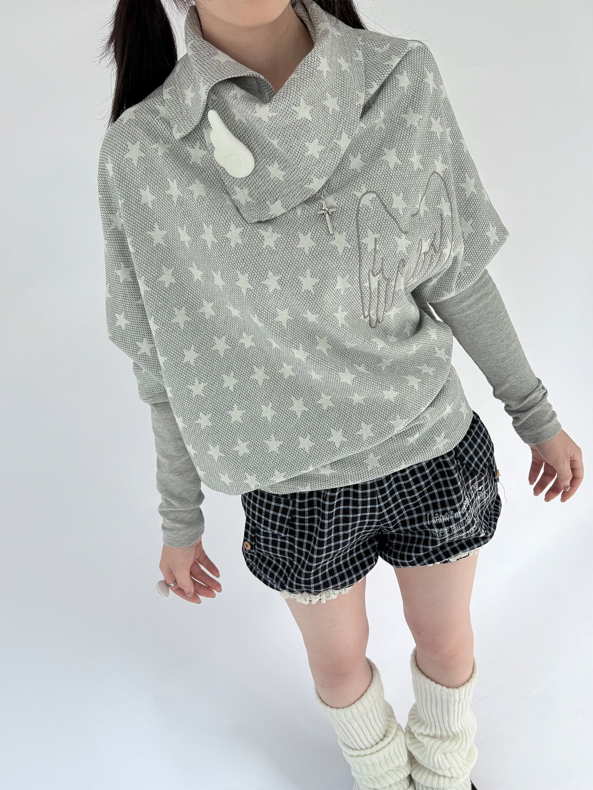 Asymmetric Star Drape Faux-Layer Long Sleeve Top
