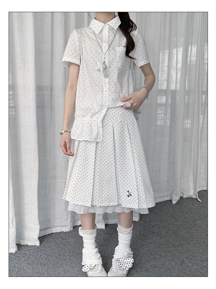 Polka Dot Pleated Ruffle Midi Skirt