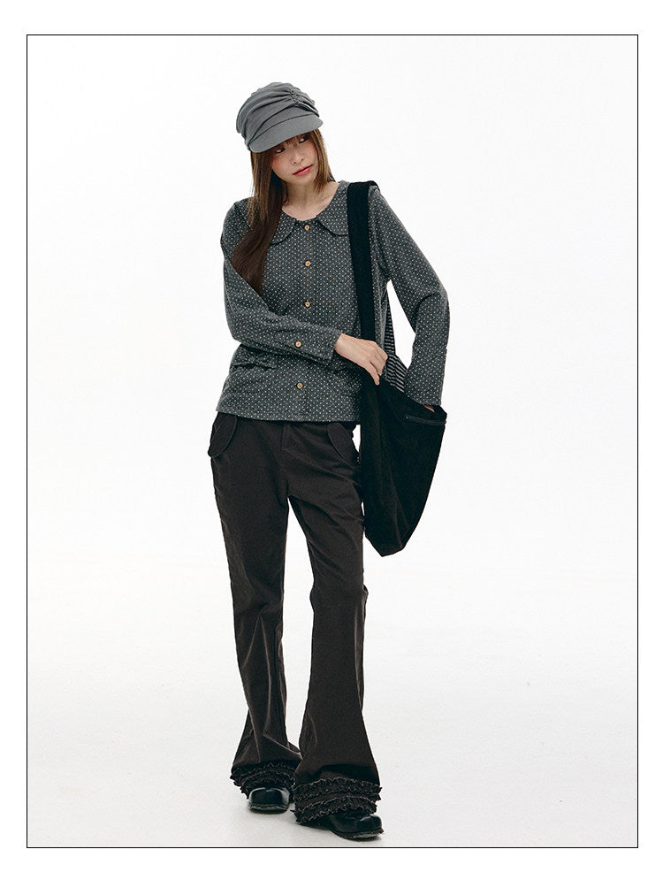 Charcoal Polka Dot Peter Pan Collar Button Shirt