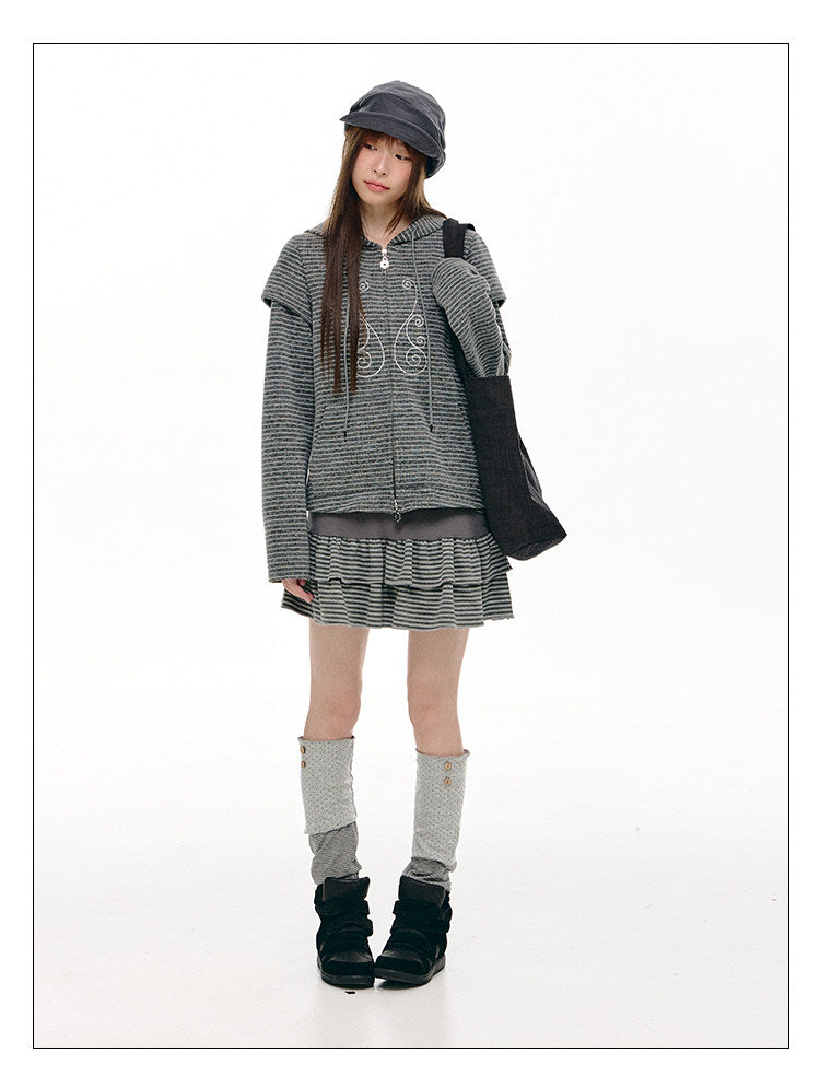 Charcoal Stripe Music Note Faux-Layer Zip Hoodie