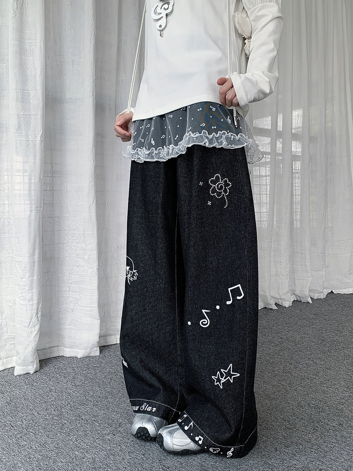Sheer Music Note Ruffle Layering Skirt