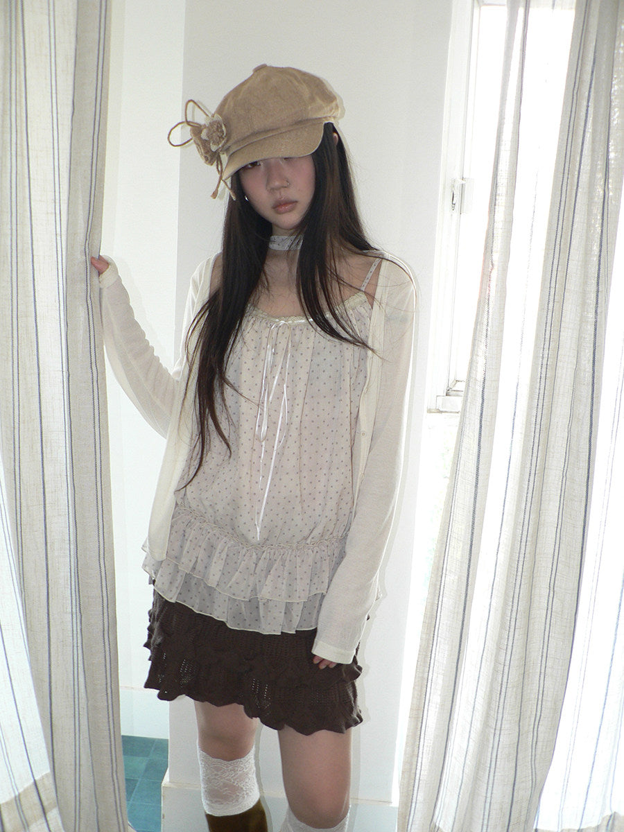 Polka Dot Ruffle Camisole & Cardigan Set with Scarf