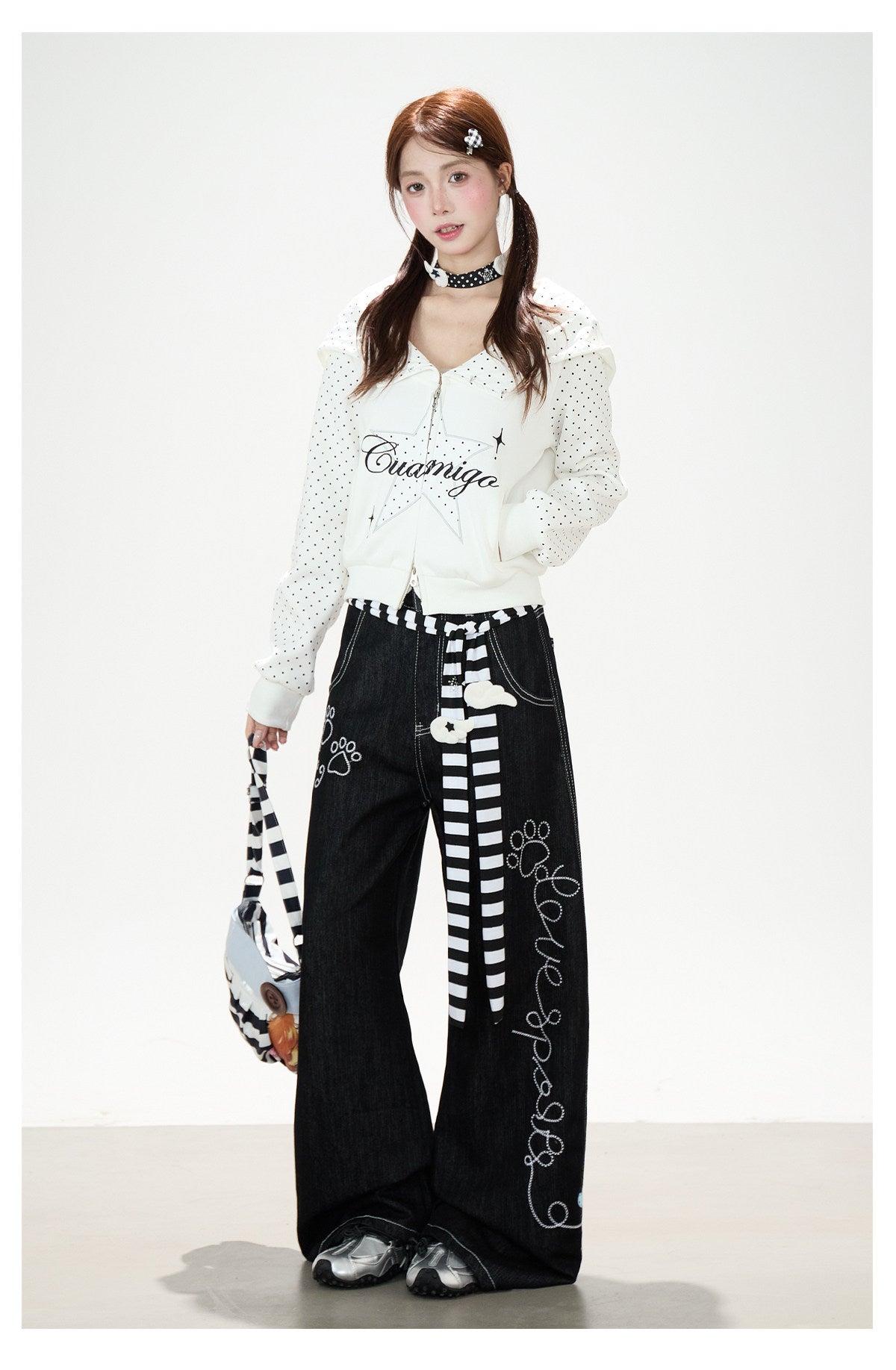 Star Polka-Dot Zip-Up Hoodie & Paw Print Wide-Leg Jeans