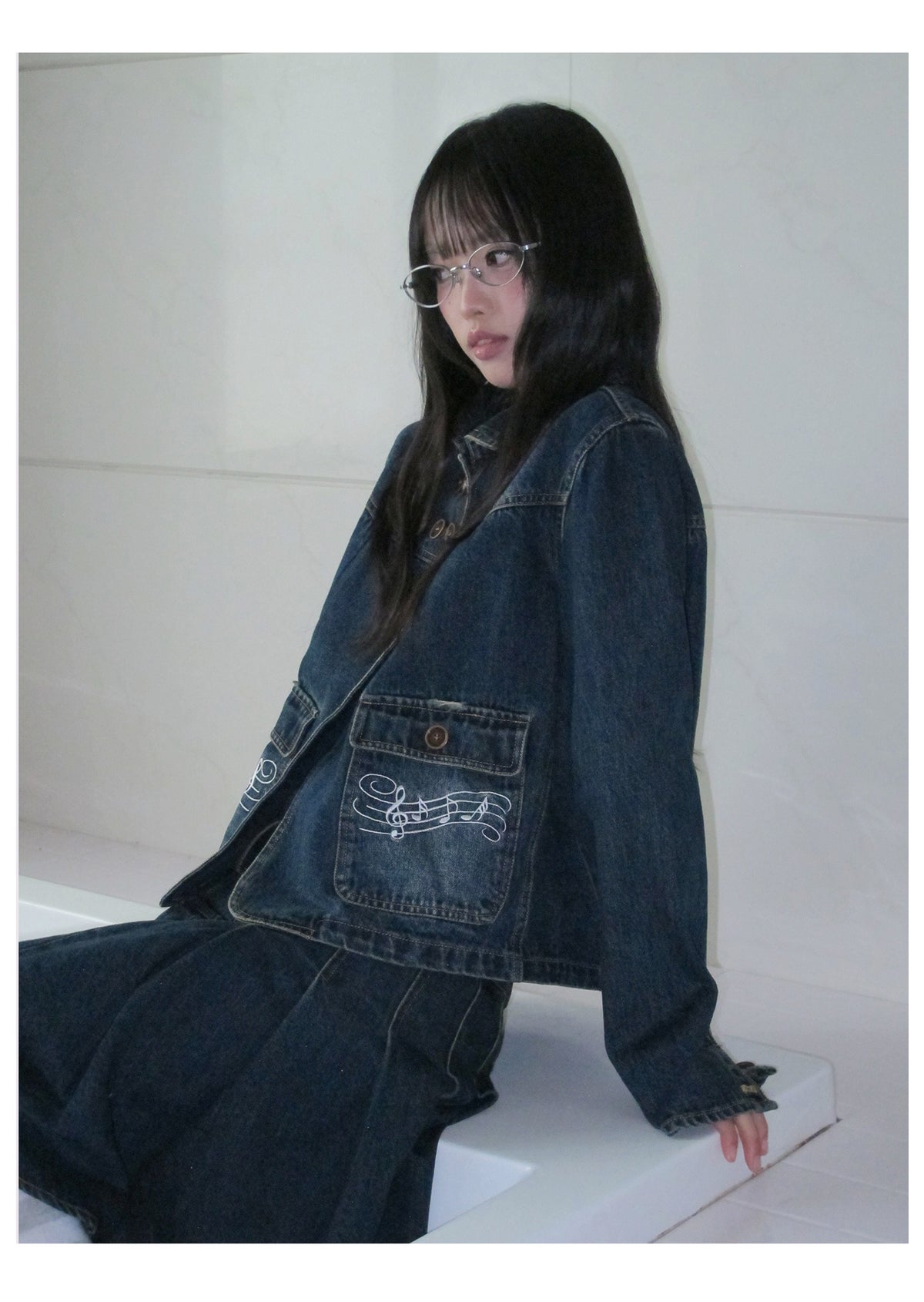 Washed Denim Music-Note Embroidered Jacket