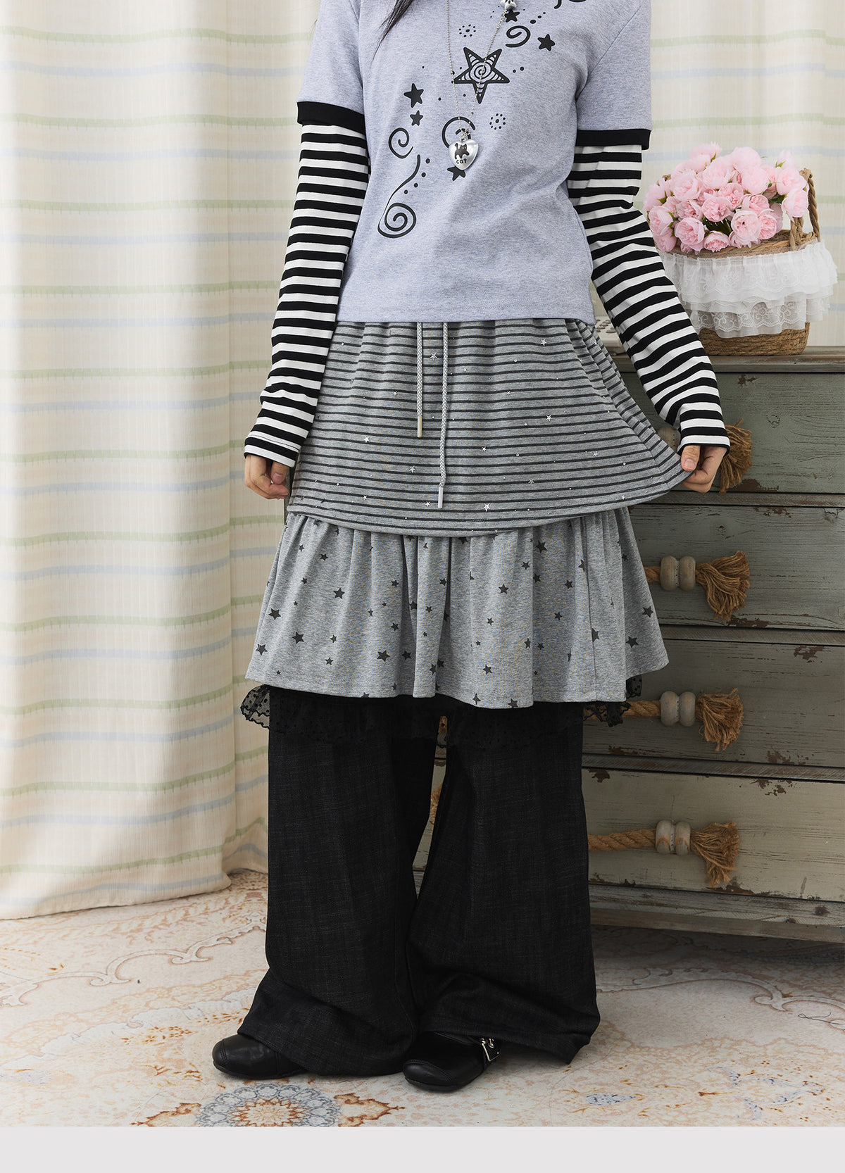 Star Stripe Layered Skirt Wide-Leg Pants