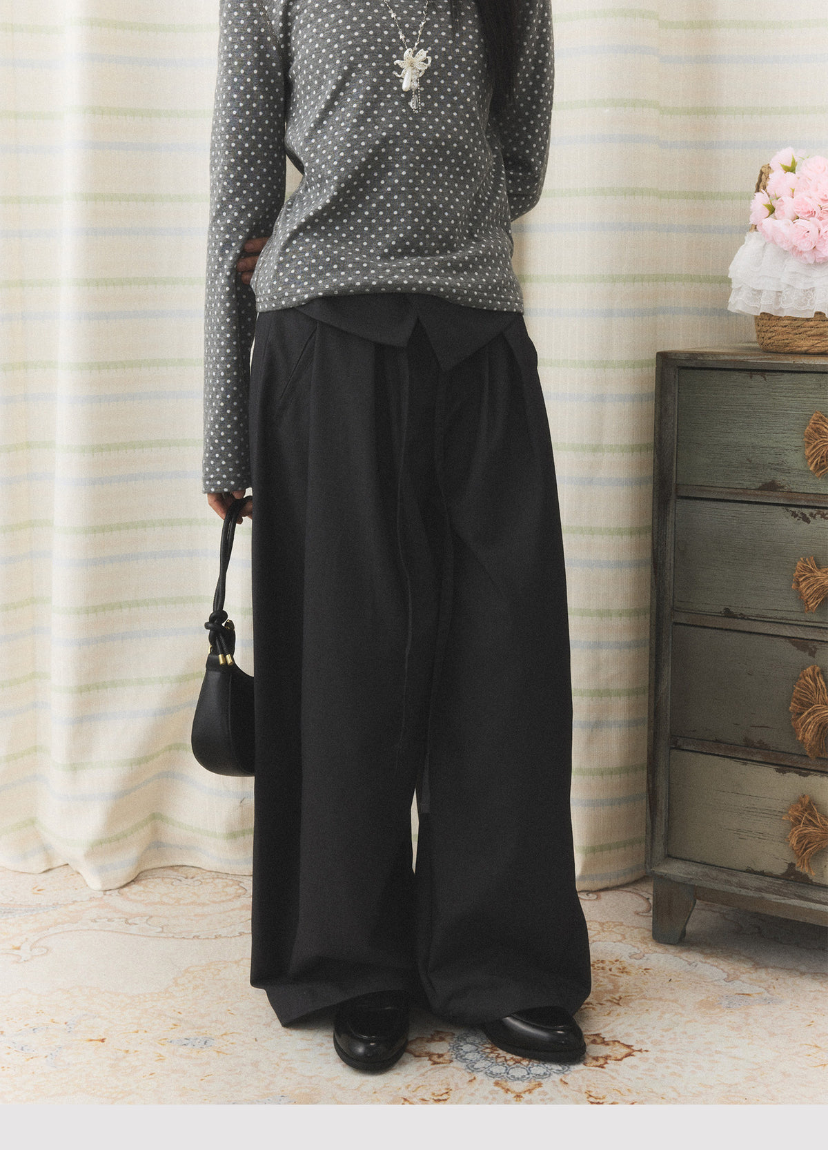 Foldover Tie Wide-Leg Trousers
