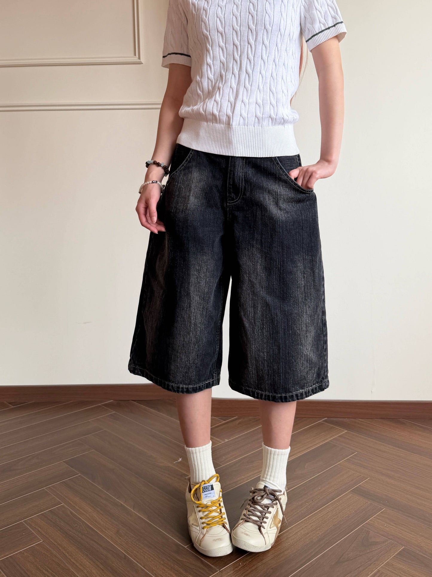 Washed Denim Crop Pants — Low Rise Y2K Wide