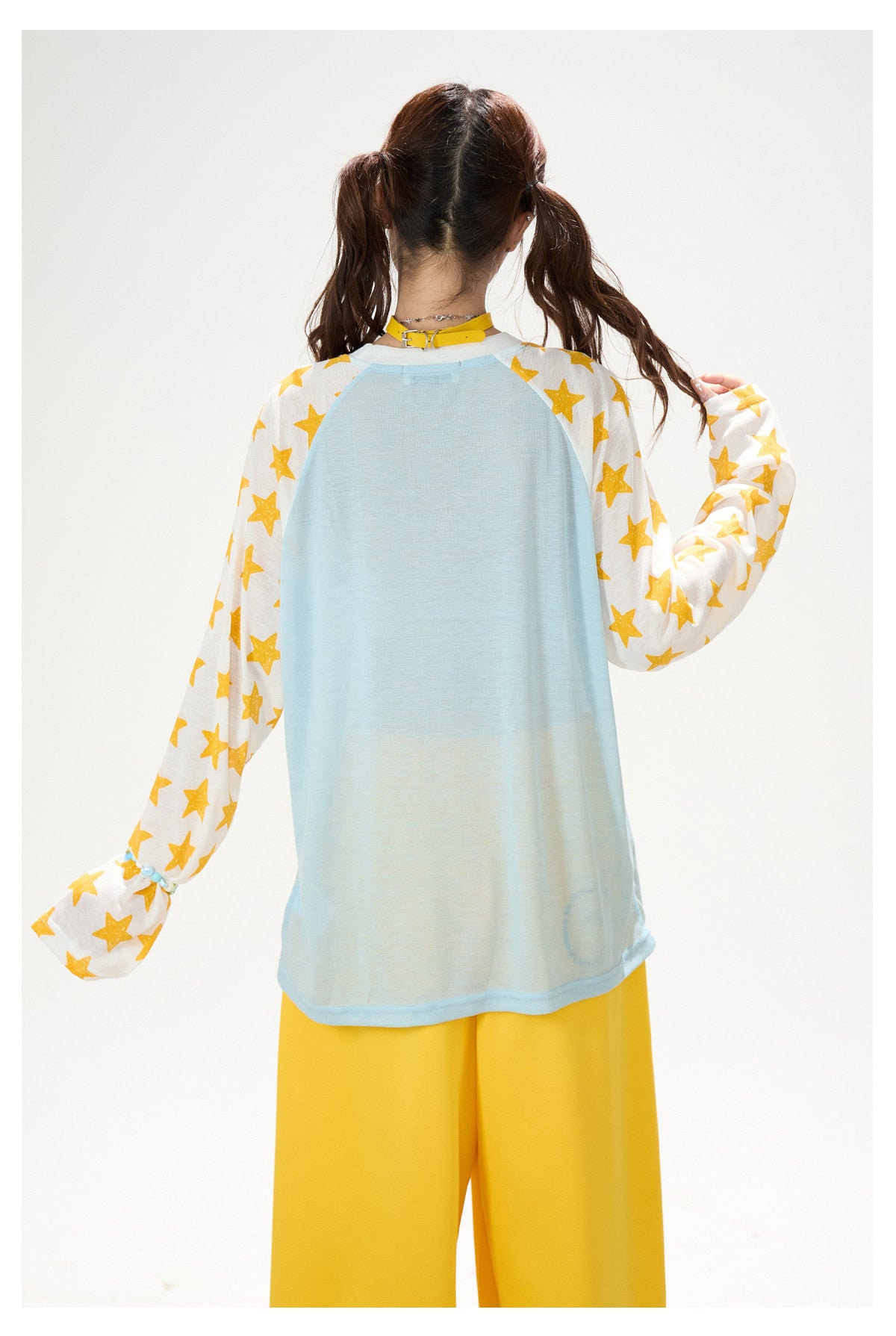 Star Graphic Contrast Raglan Long Sleeve Top & Yellow Wide-Leg Pants