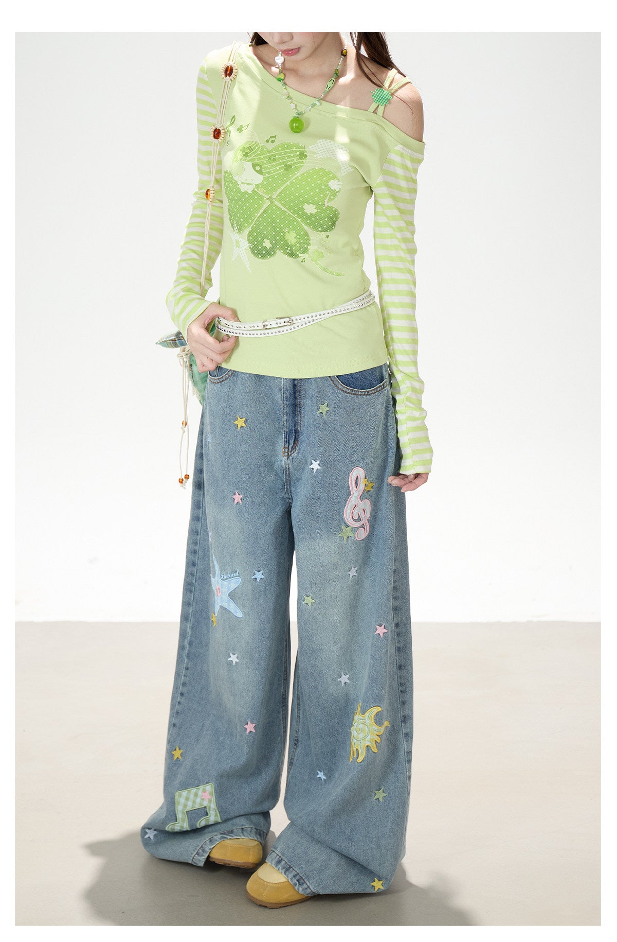 Music Note & Star Embroidered Washed Wide-Leg Jeans