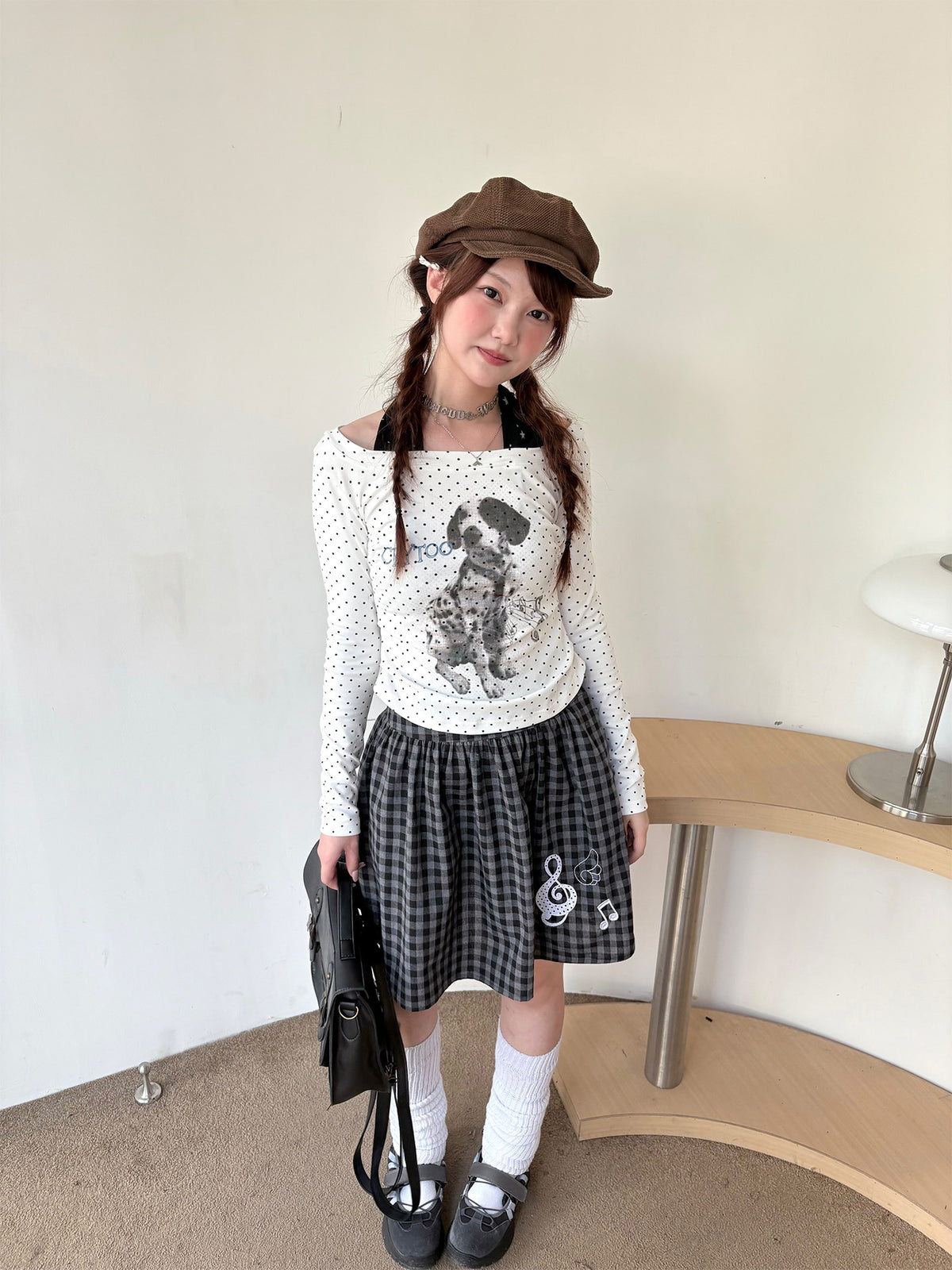 White Polka Dot Puppy Off-Shoulder Long Sleeve Top