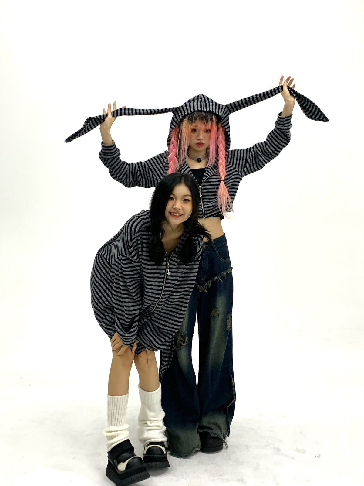Shadow Stripe Bunny Ear Zip Hoodie