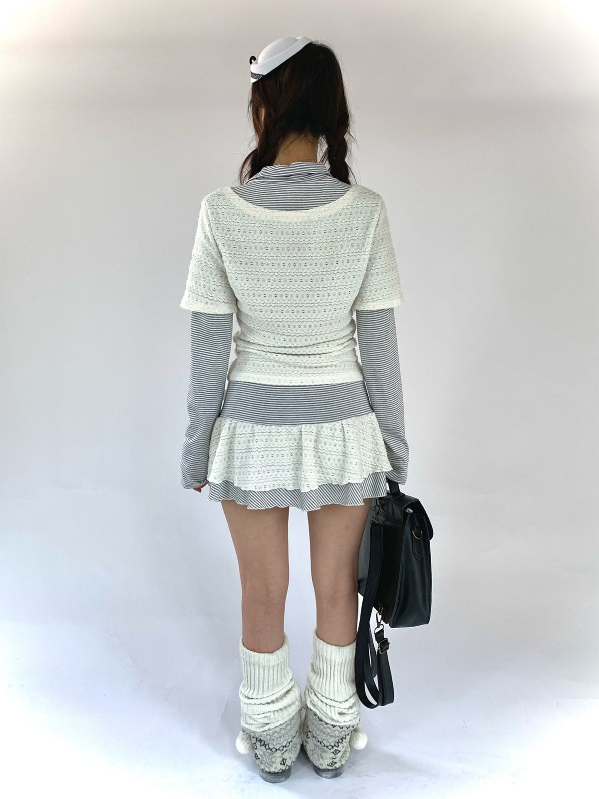 Milk Mist Lace & Stripe Faux-Layer Mini Dress
