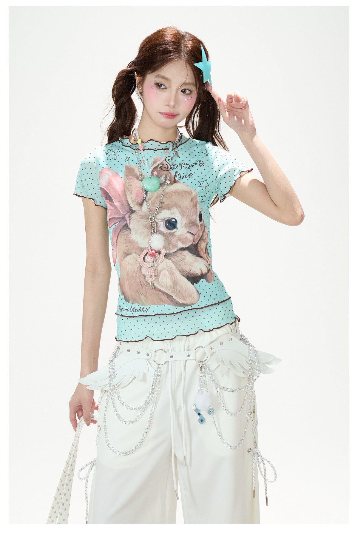 Ribbon Bunny Polka Dot Lettuce-Edge Tee