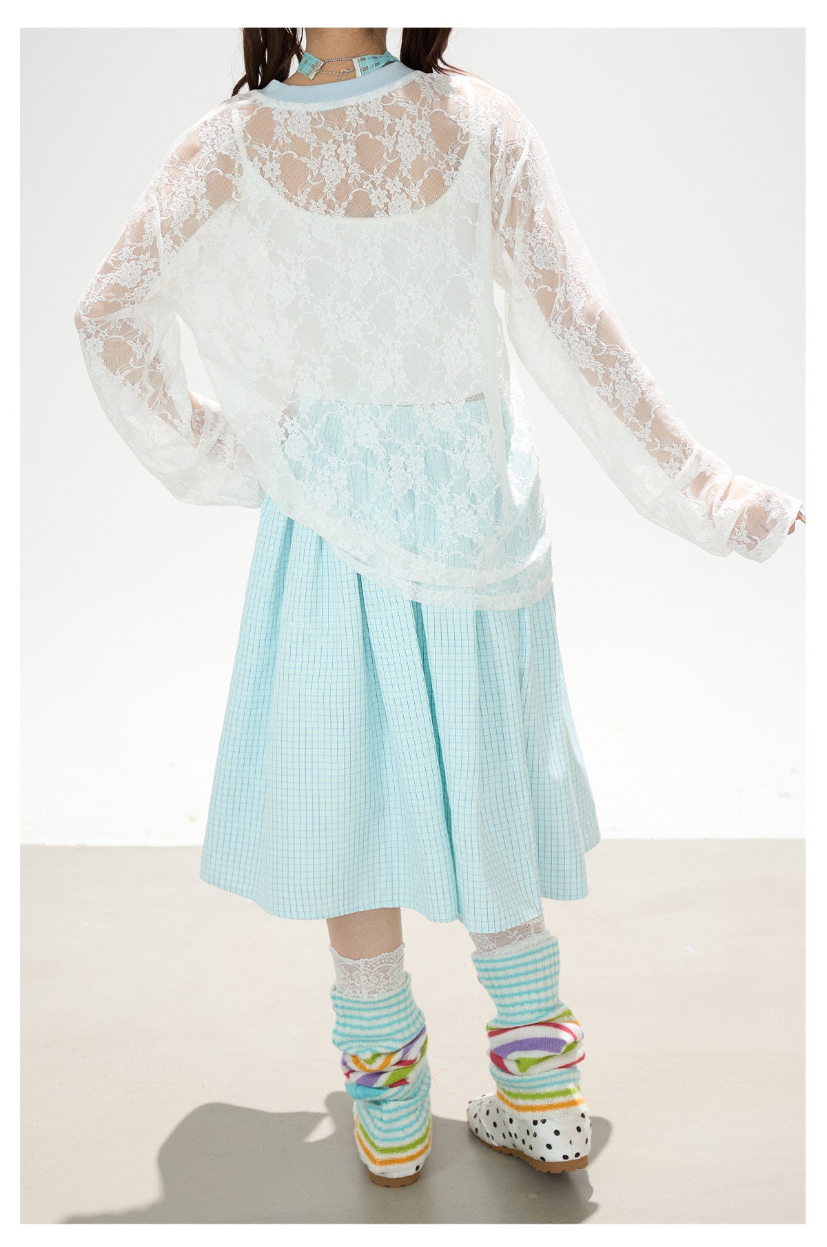 Bunny Sheer Lace Long Sleeve Top & Mint Plaid A-Line Skirt
