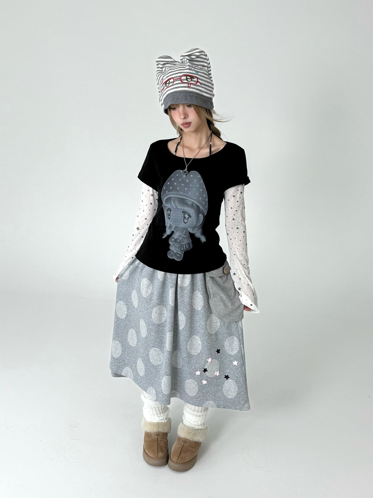 Mushroom Girl Star Faux-Layered Long Sleeve Tee