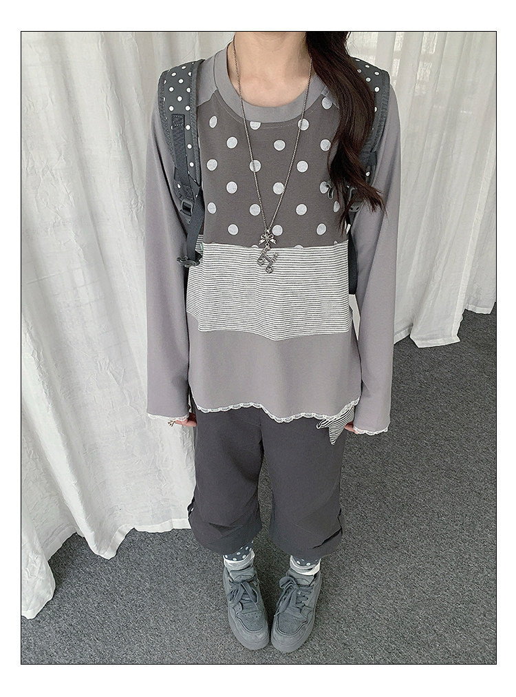 Polka Dot Stripe Lace-Trim Patchwork Long Sleeve Top
