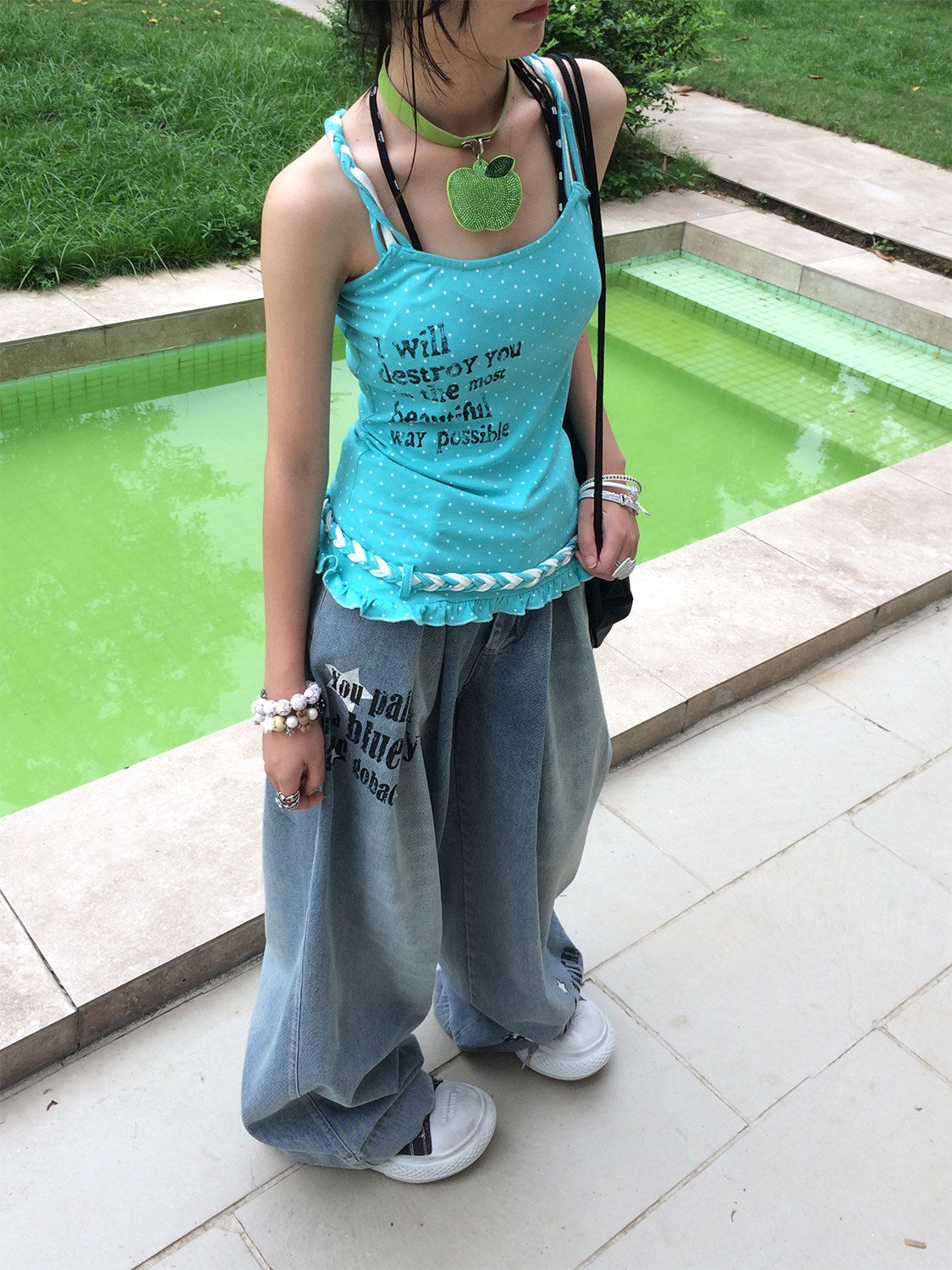 Aqua Polka Dot Braided Ruffle Tank Top