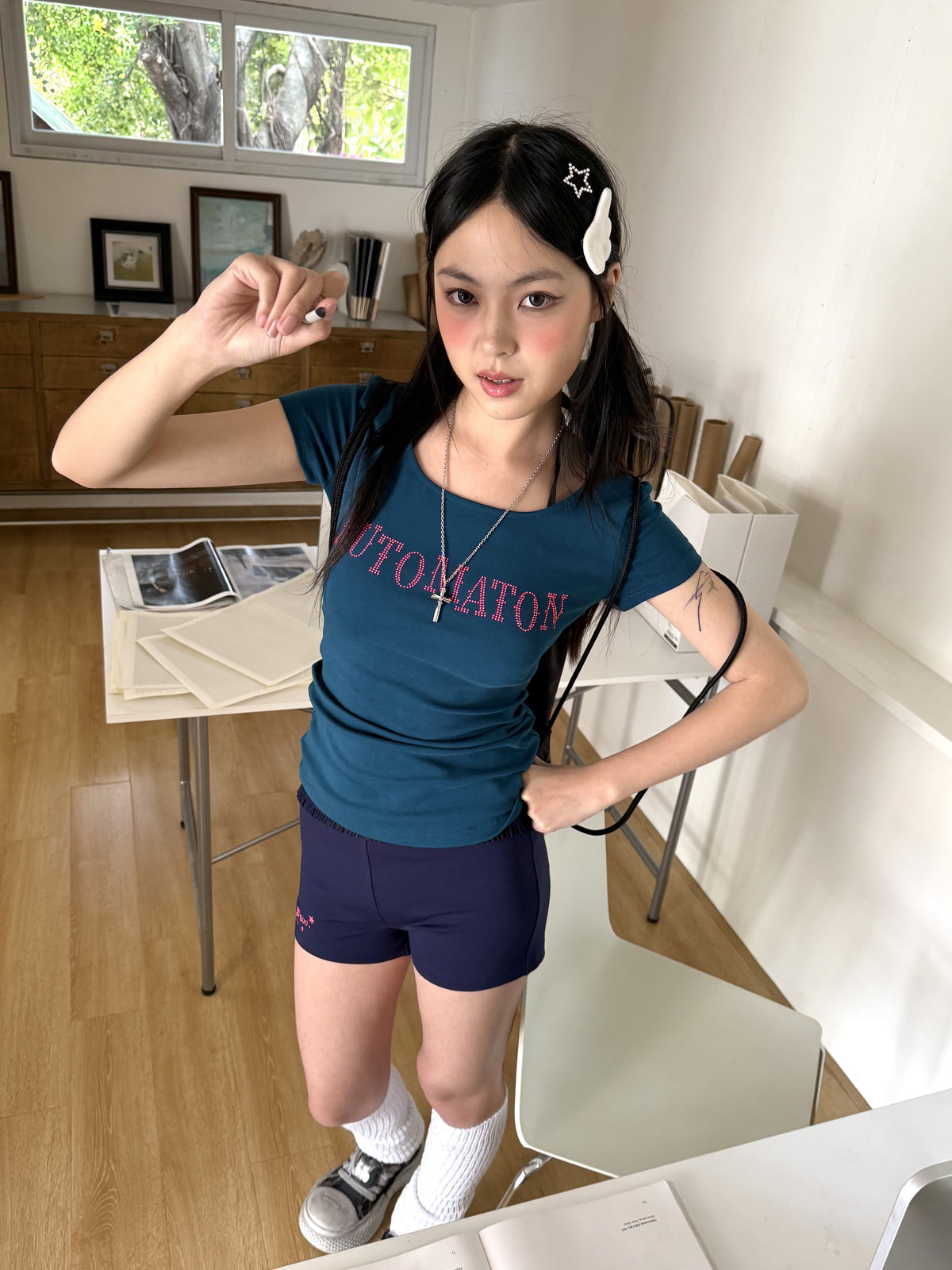 Dark Navy Rhinestone Letter Fitted Baby Tee