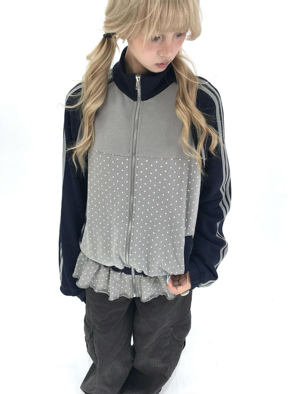Gray Polka Dot Triple-Stripe Ruffle Zip Jacket