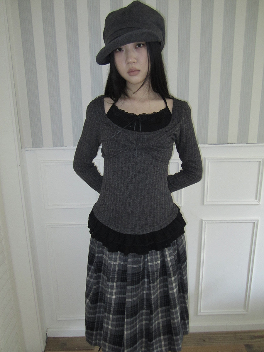 Halter-Layered Ribbed Long Sleeve Top