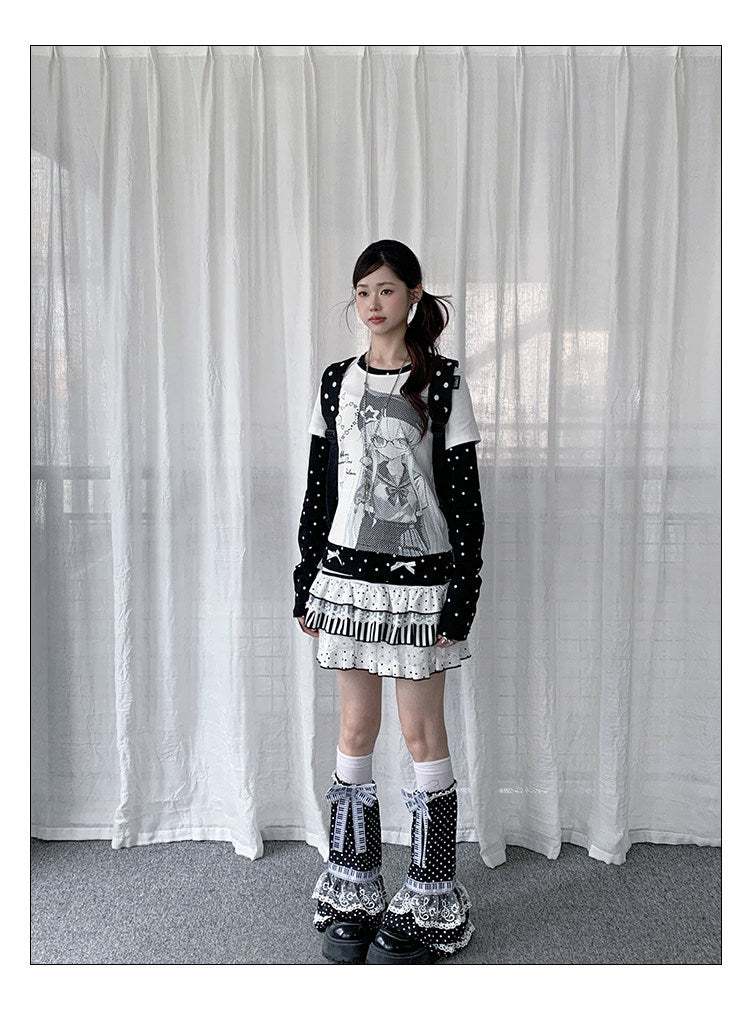 Polka Dot Faux-Layer Girl Graphic Long Sleeve Tee