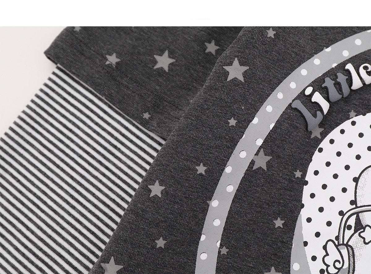 Cartoon Bunny Stripe Layered Long Sleeve Top & Black Polka-Dot Midi Skirt
