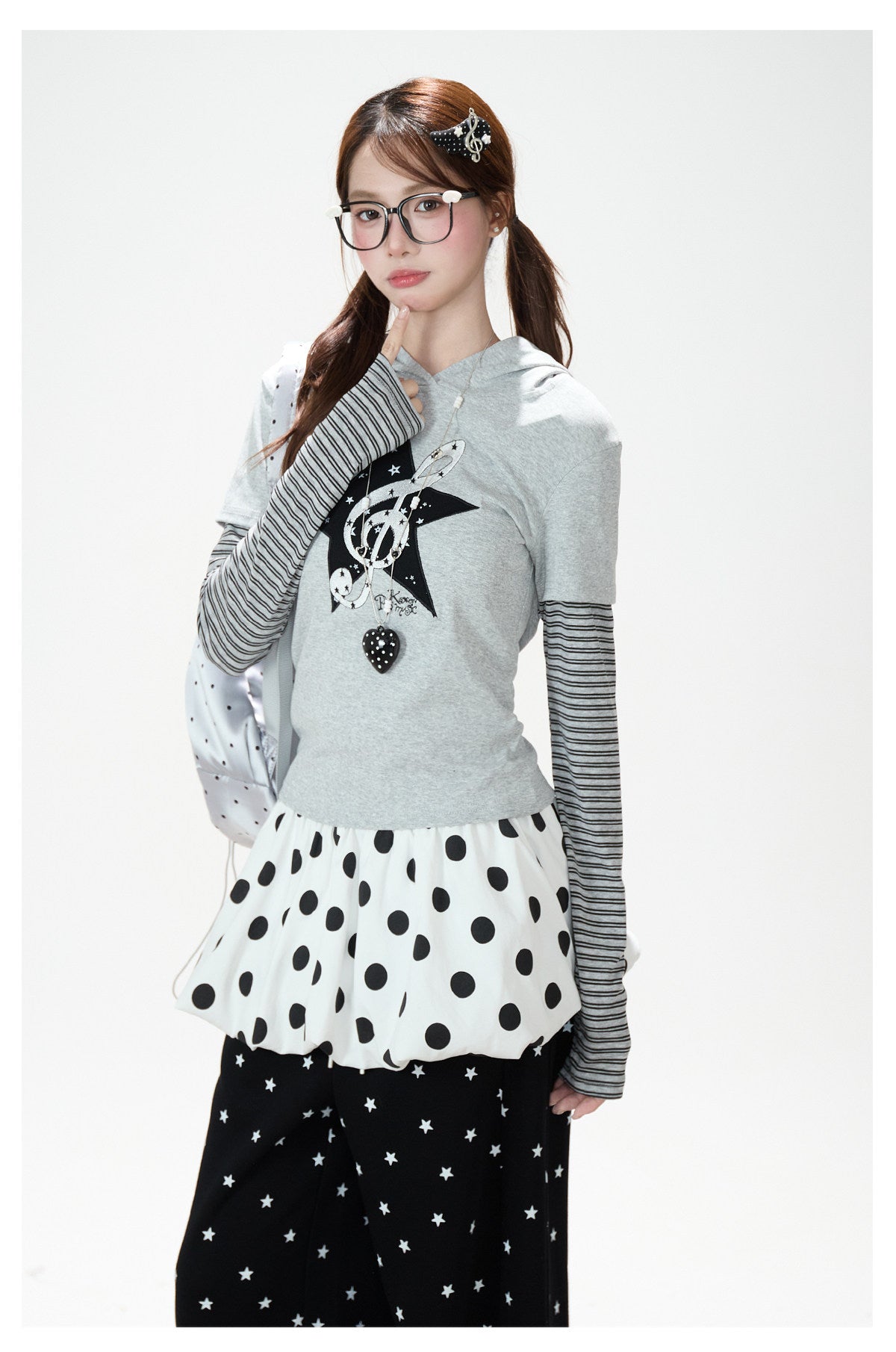 Music Note Star Layered Hoodie Top & Polka Dot Tie-Waist Wide-Leg Pants