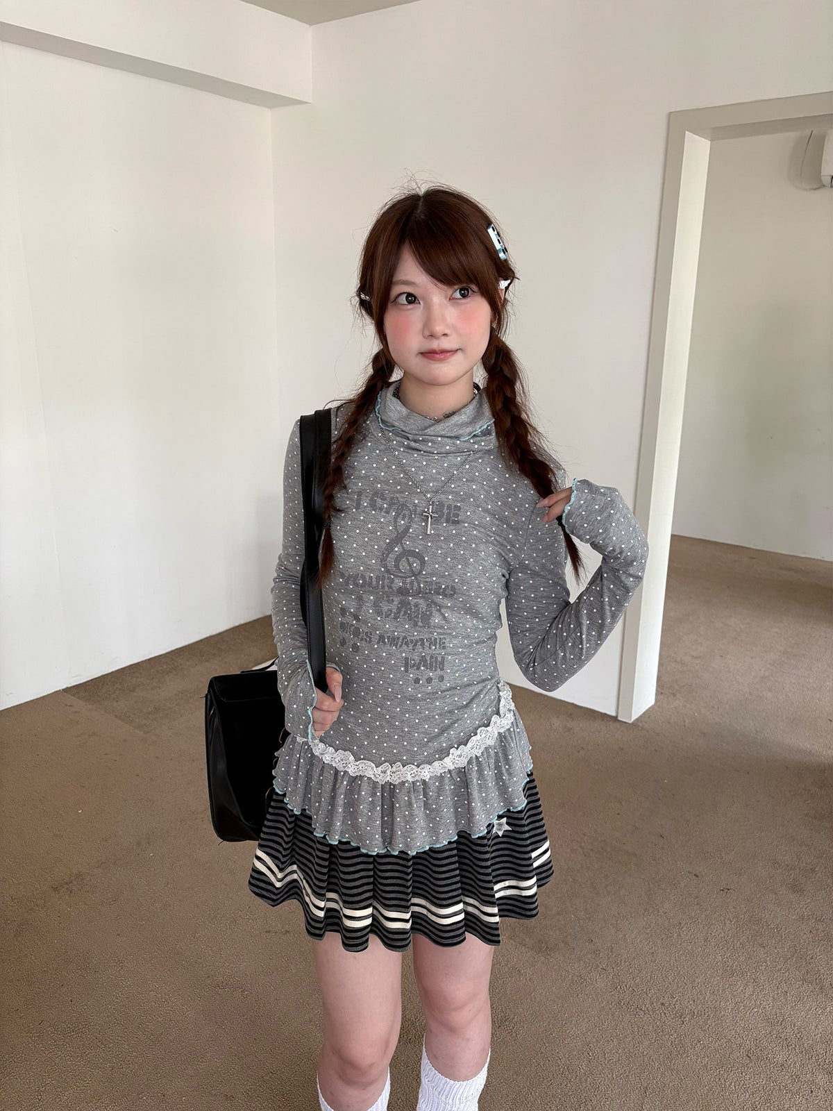 Polka Dot Lace-Trim Mock-Neck Long Sleeve Top