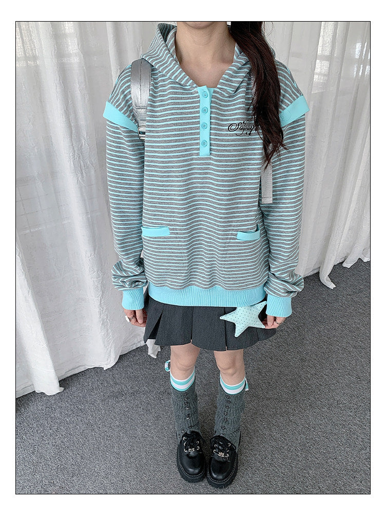 Striped Half-Placket Hooded Pullover