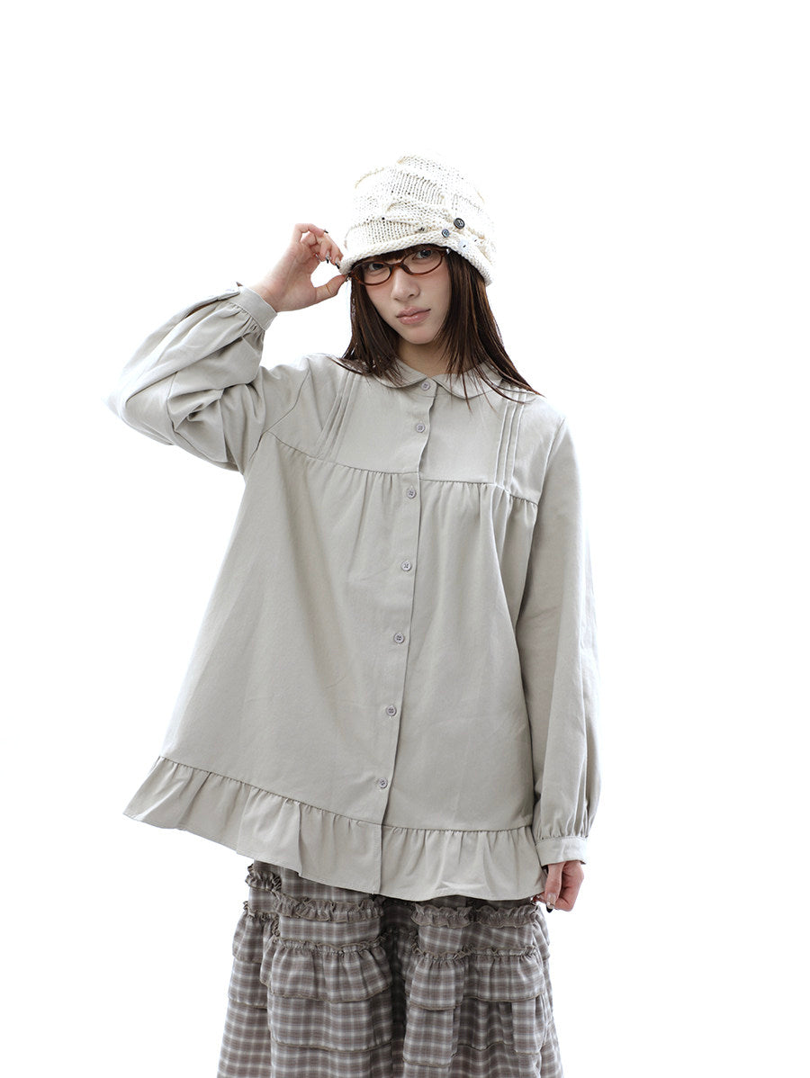 Pleated Ruffle Hem Button-Up Long Sleeve Blouse