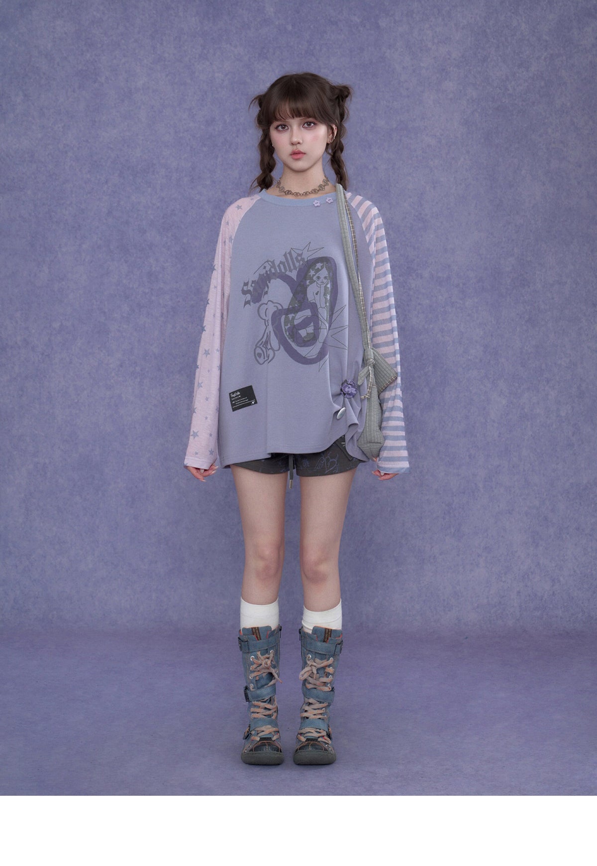 Lavender Star Stripe Raglan Graphic Long-Sleeve Tee