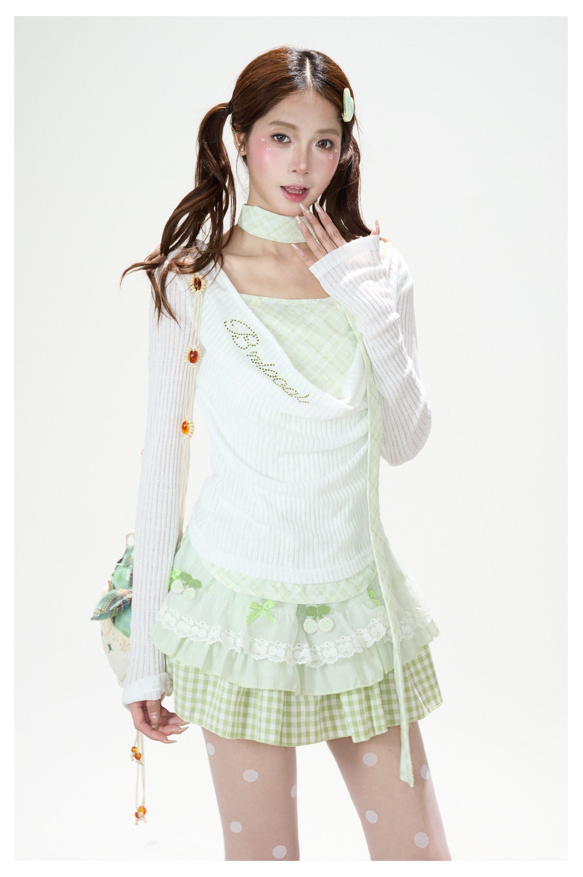 Mint Gingham Layered Knit Long Sleeve Top & Cherry Ruffle Mini Skirt