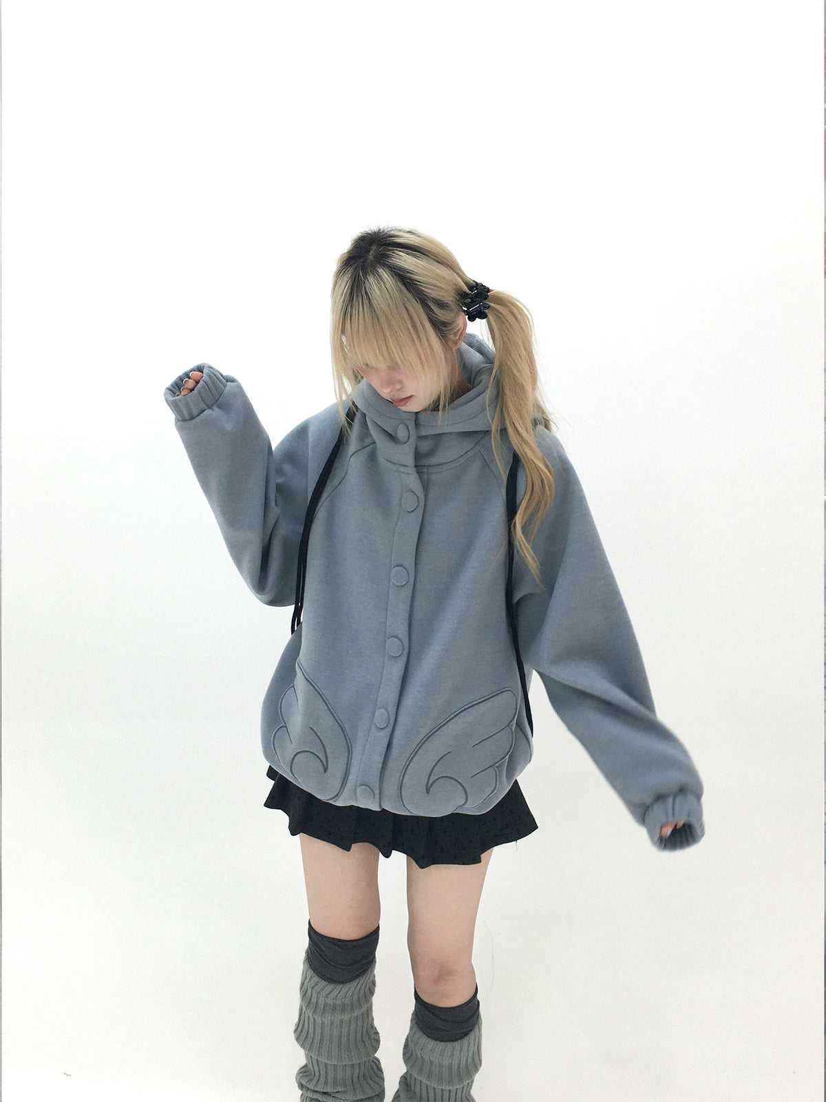 Dusty Blue & Ivory Fleece-Lined Cat Ear Wing Pocket Hooded Jacket