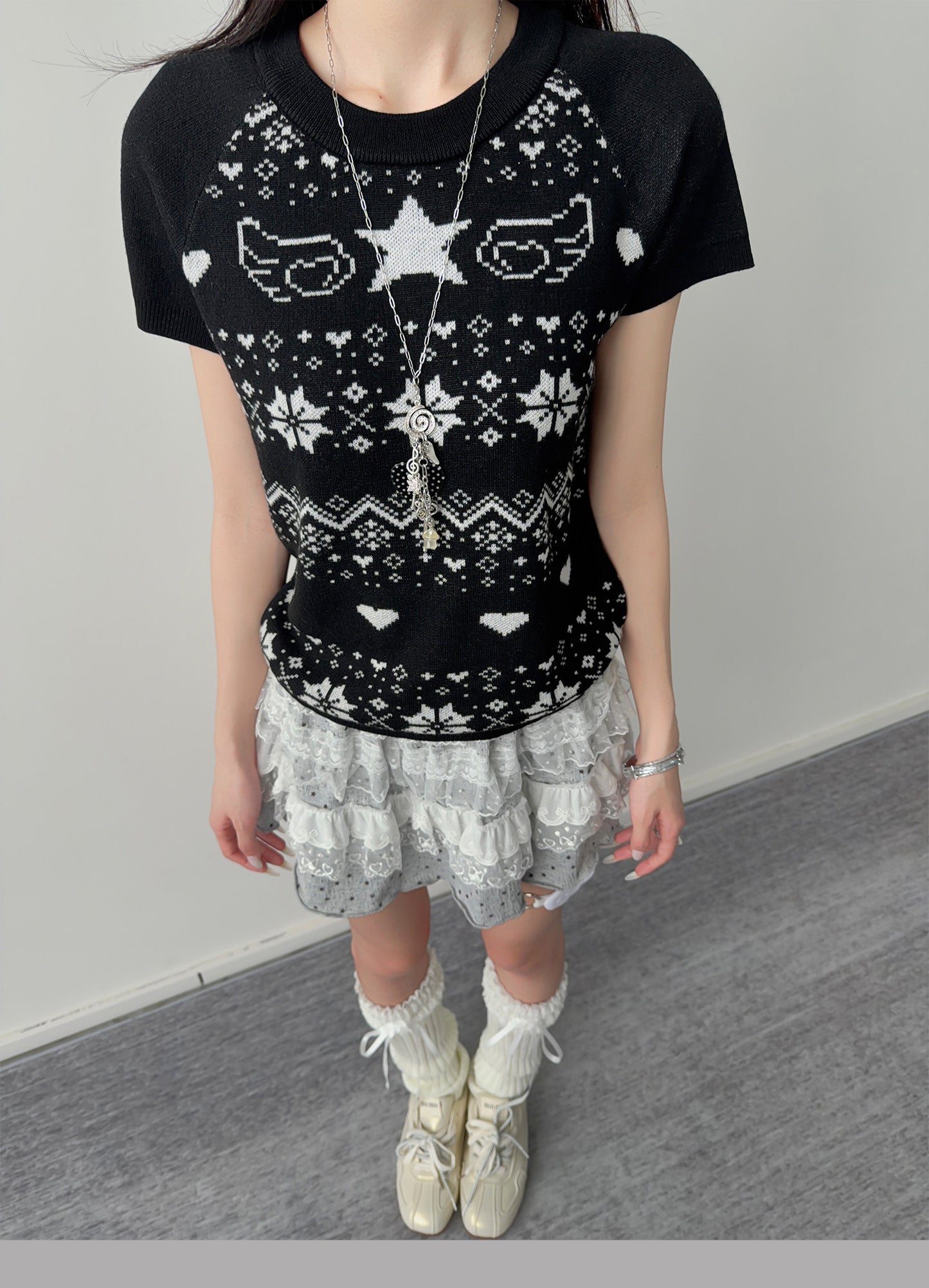 Star Wing Fair Isle Short-Sleeve Knit Top