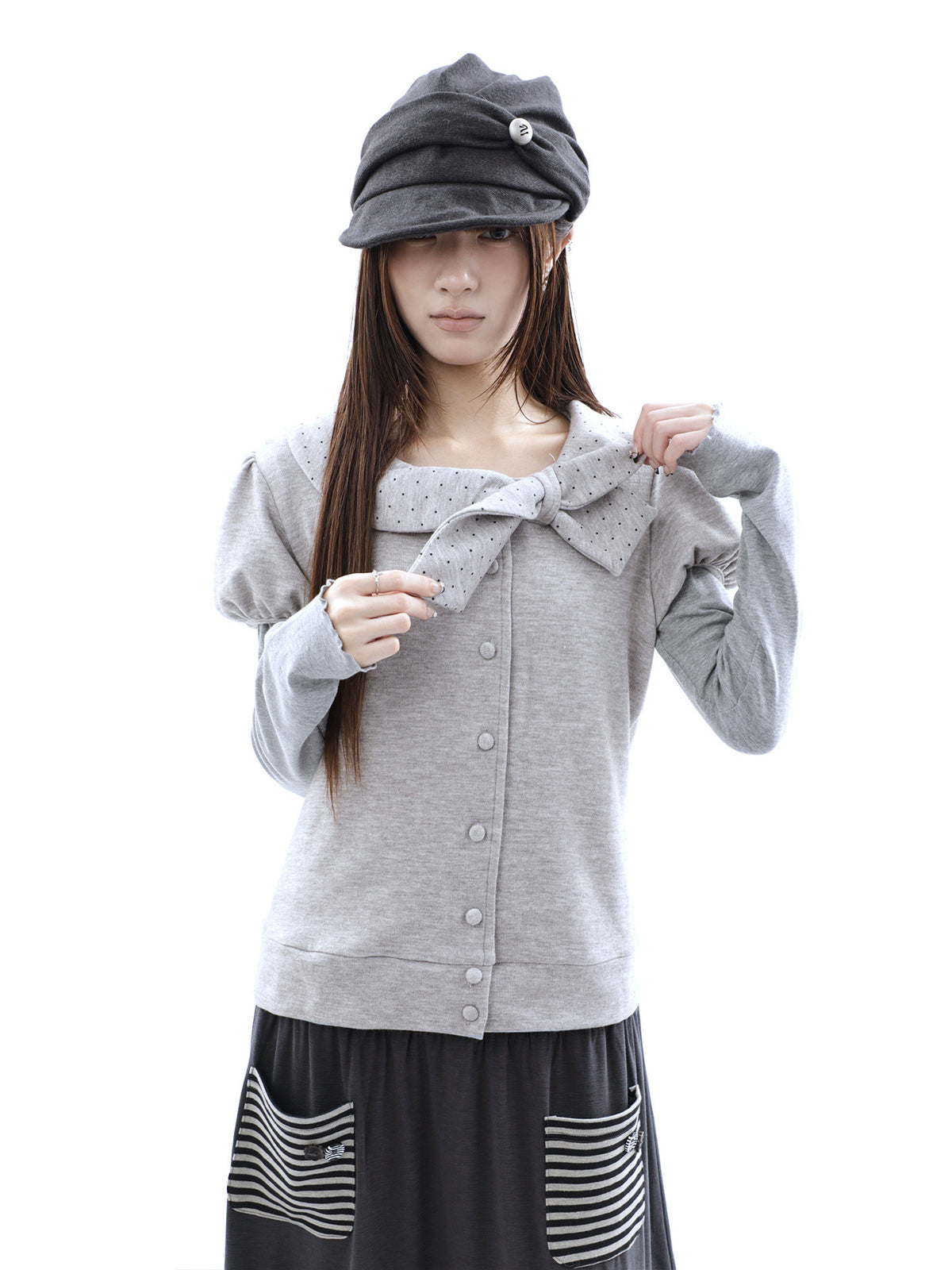 Polka Dot Bow Knit Top & Long Sleeve Two-Piece Set