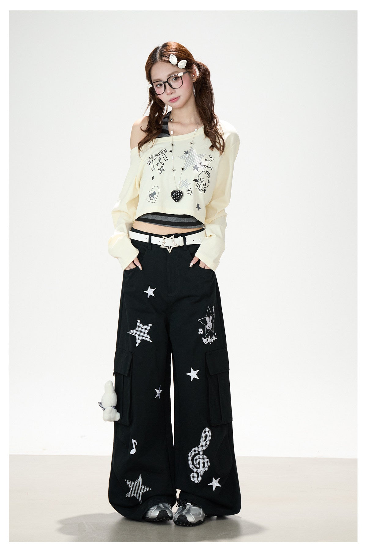 Cartoon Patch Embroidered Wide-Leg Cargo Pants
