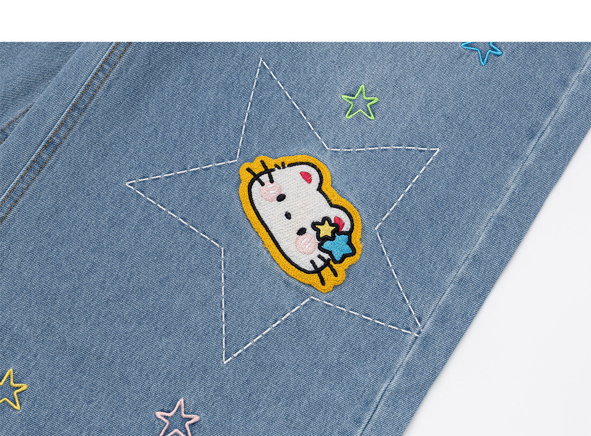 Star Kitty Embroidered Wide-Leg Jeans with Plush Charm