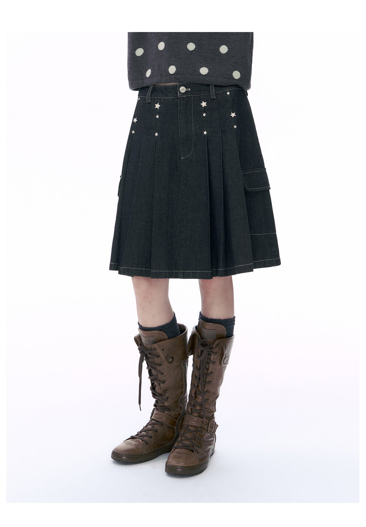Embroidered Star Pleated Denim Midi Skirt