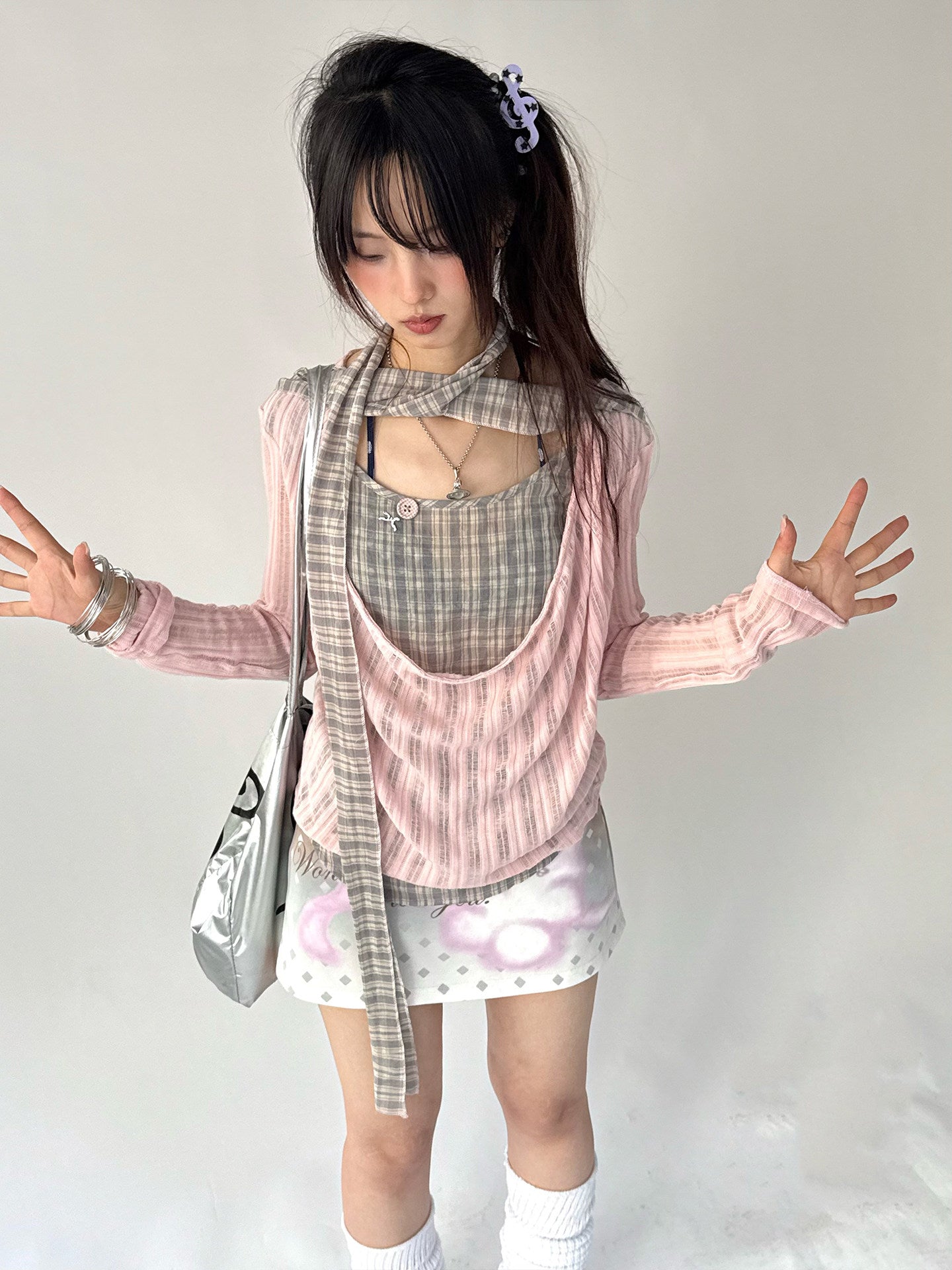 Dusty Pink Plaid Cowl-Neck Layered Top