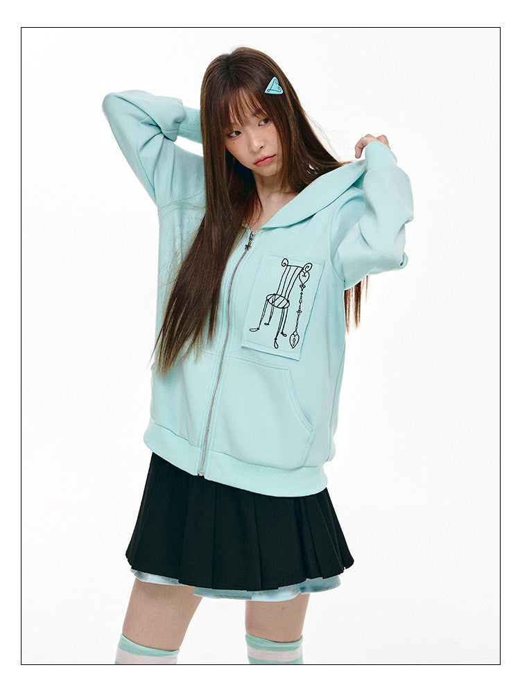 Mint Sailor-Collar Graphic Zip-Up Jacket
