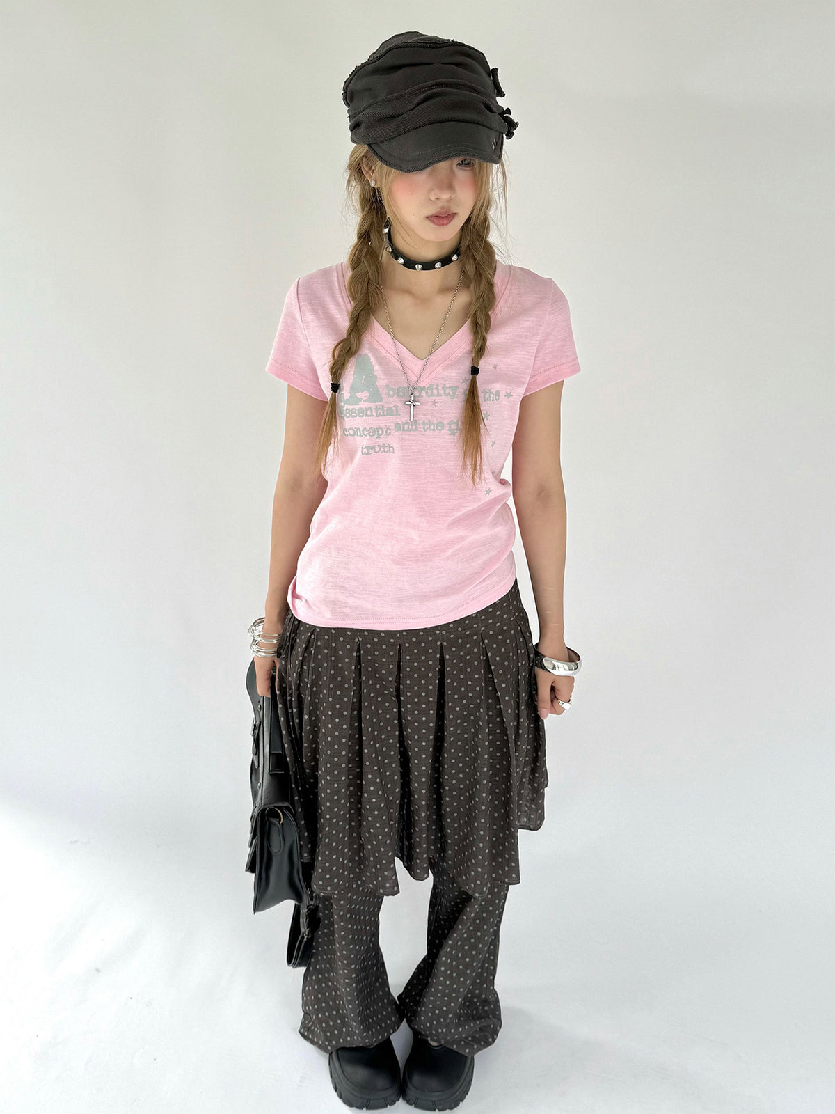 Polka Dot Layered Skirt Wide-Leg Pants
