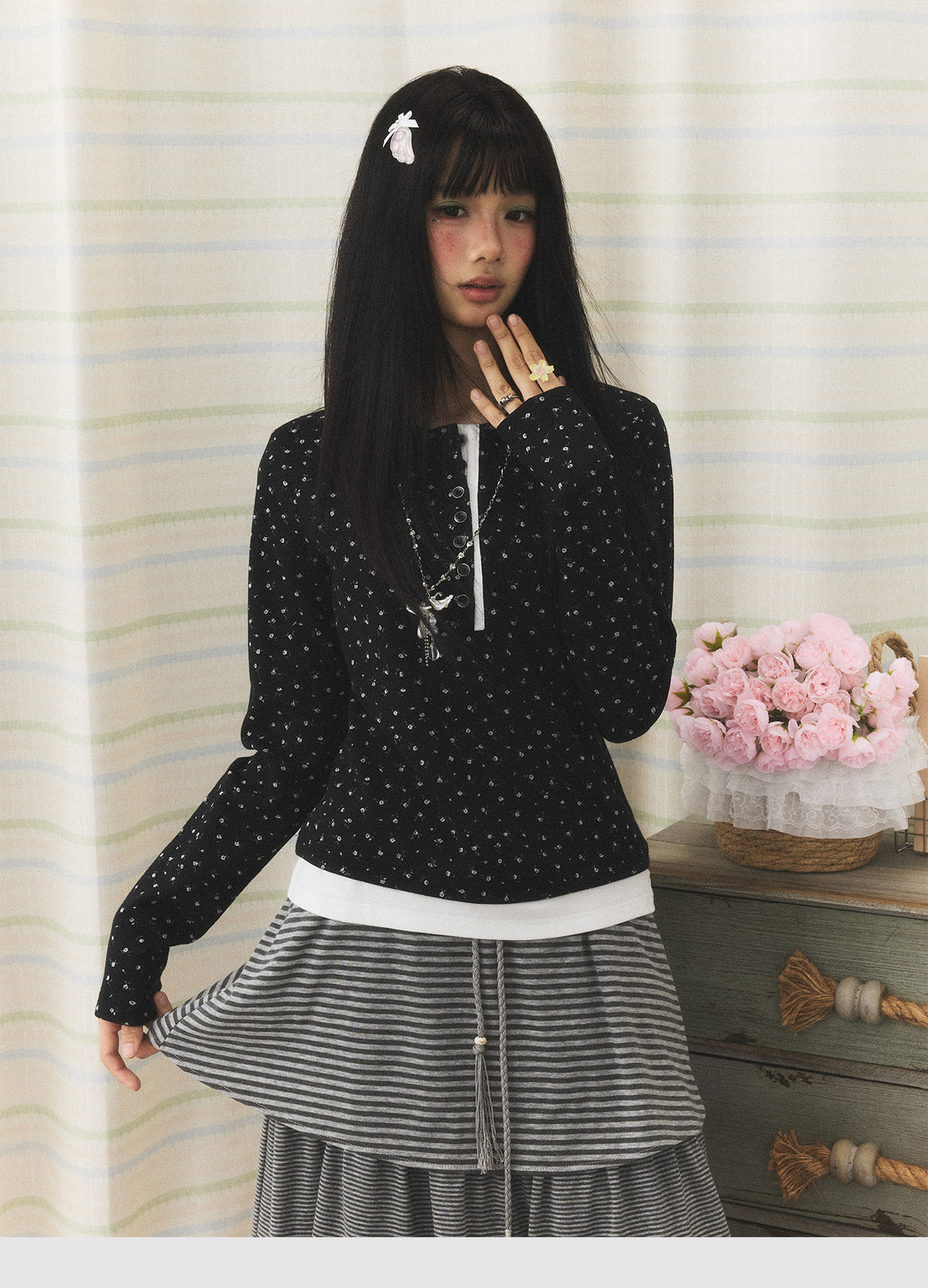 Floral Henley Faux-Layer Long Sleeve Top
