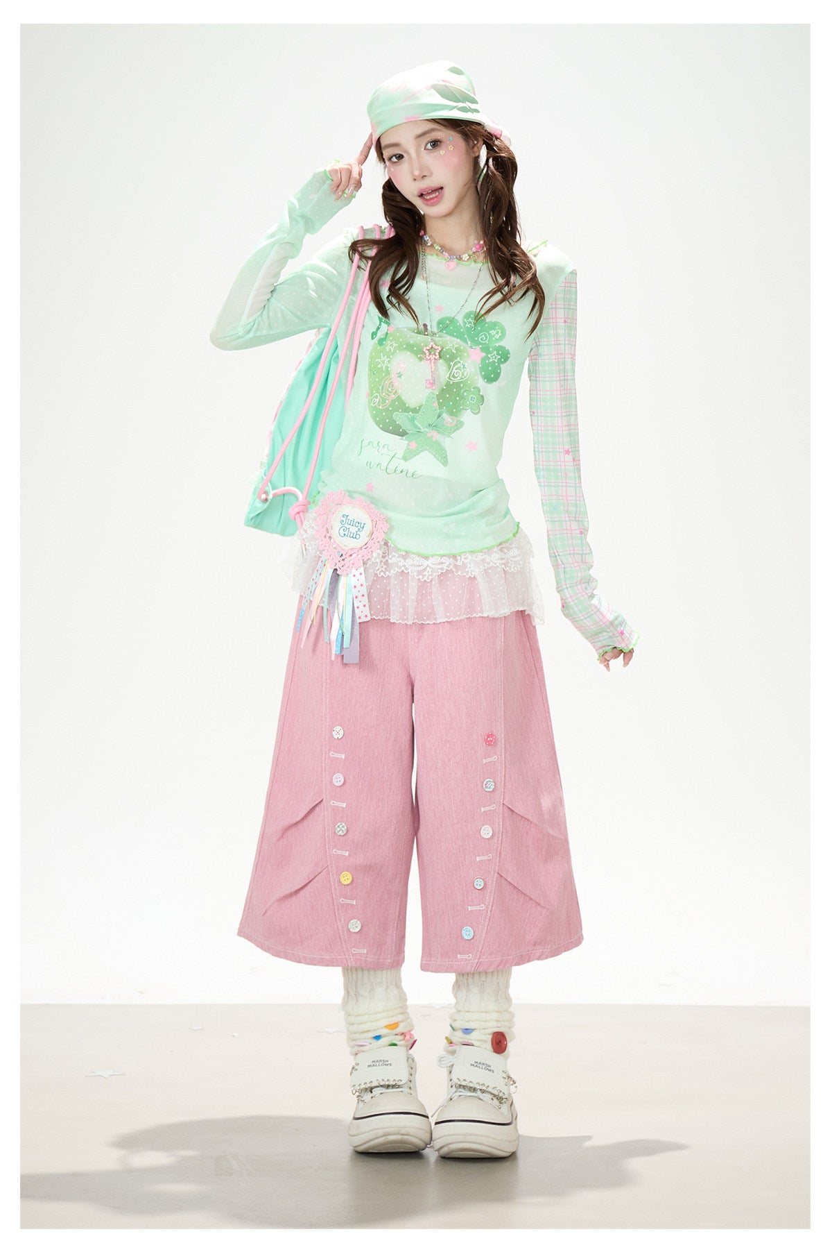 Apple Plaid Mesh Long Sleeve Top & Pink Polka Dot Wide Leg Pants