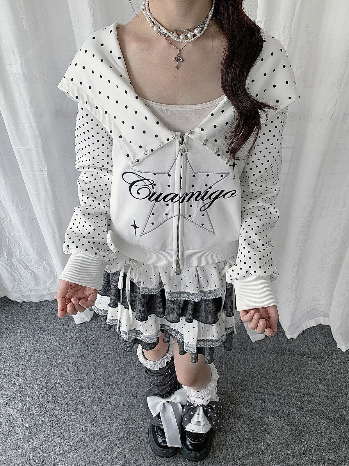 Star Polka Dot Cape-Collar Double-Zip Jacket
