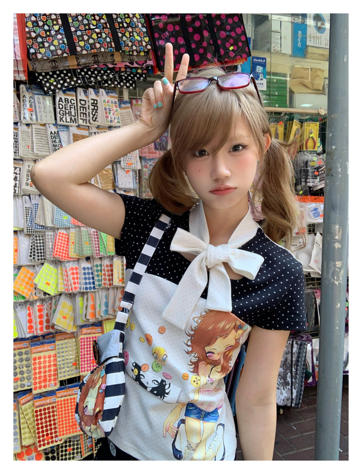 Polka Dot Bow-Tie Graphic Fitted Tee
