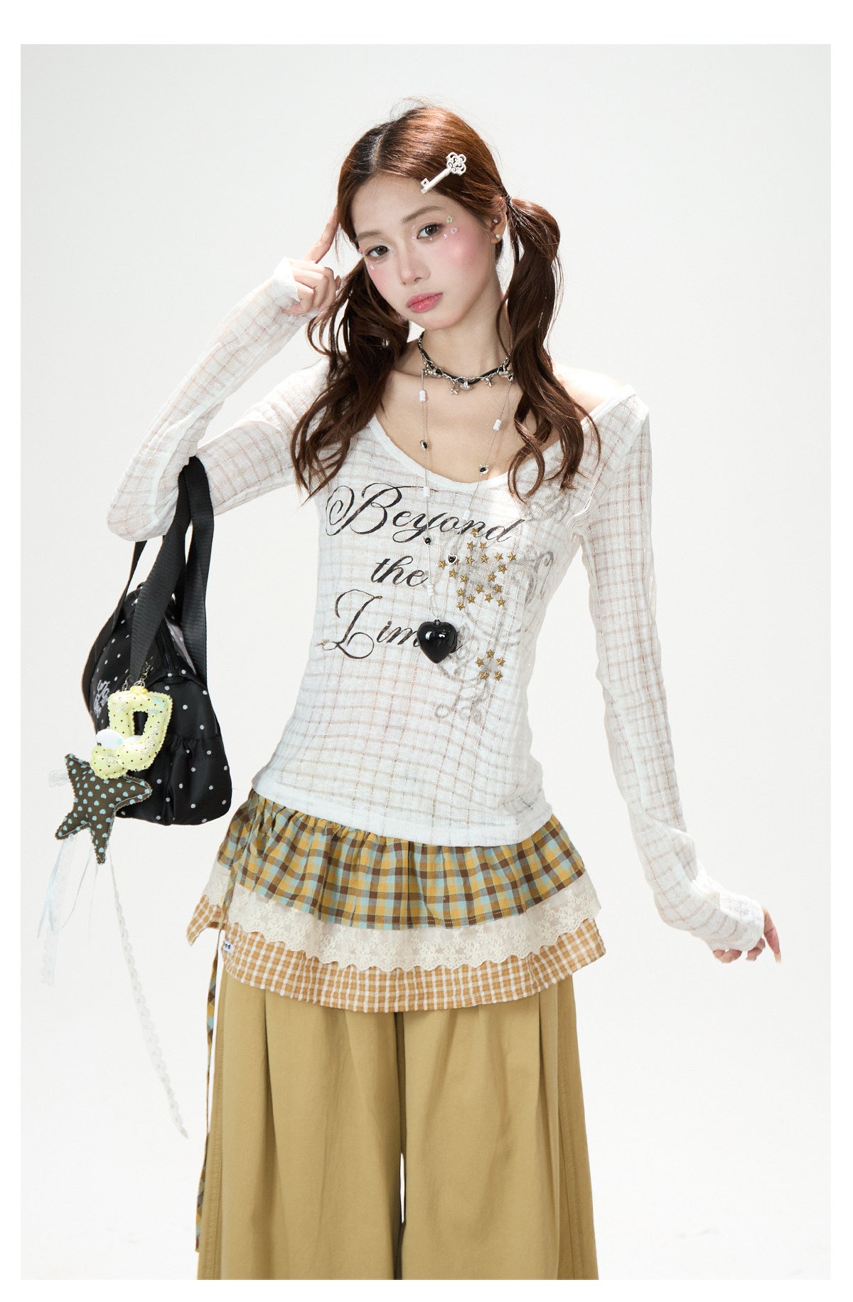 Beyond the Limits Sheer Grid Long Sleeve Top & Pony Star Wide-Leg Jeans