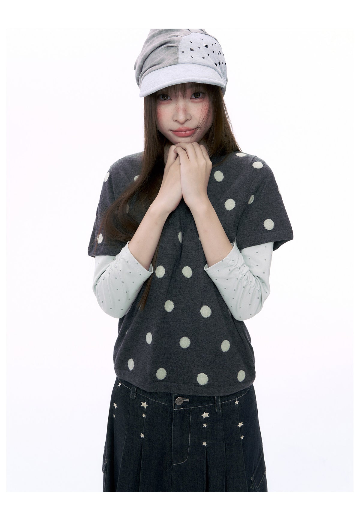 Polka Dot Wool-Blend Short Sleeve Knit Top