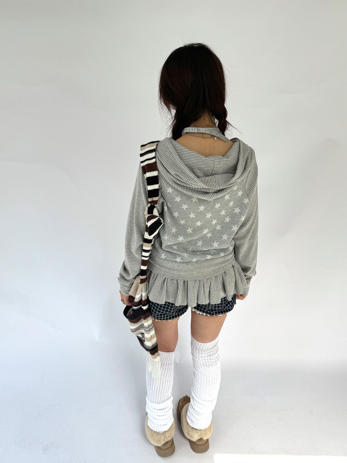 Star Ruffle Drawstring Zip-Up Hoodie
