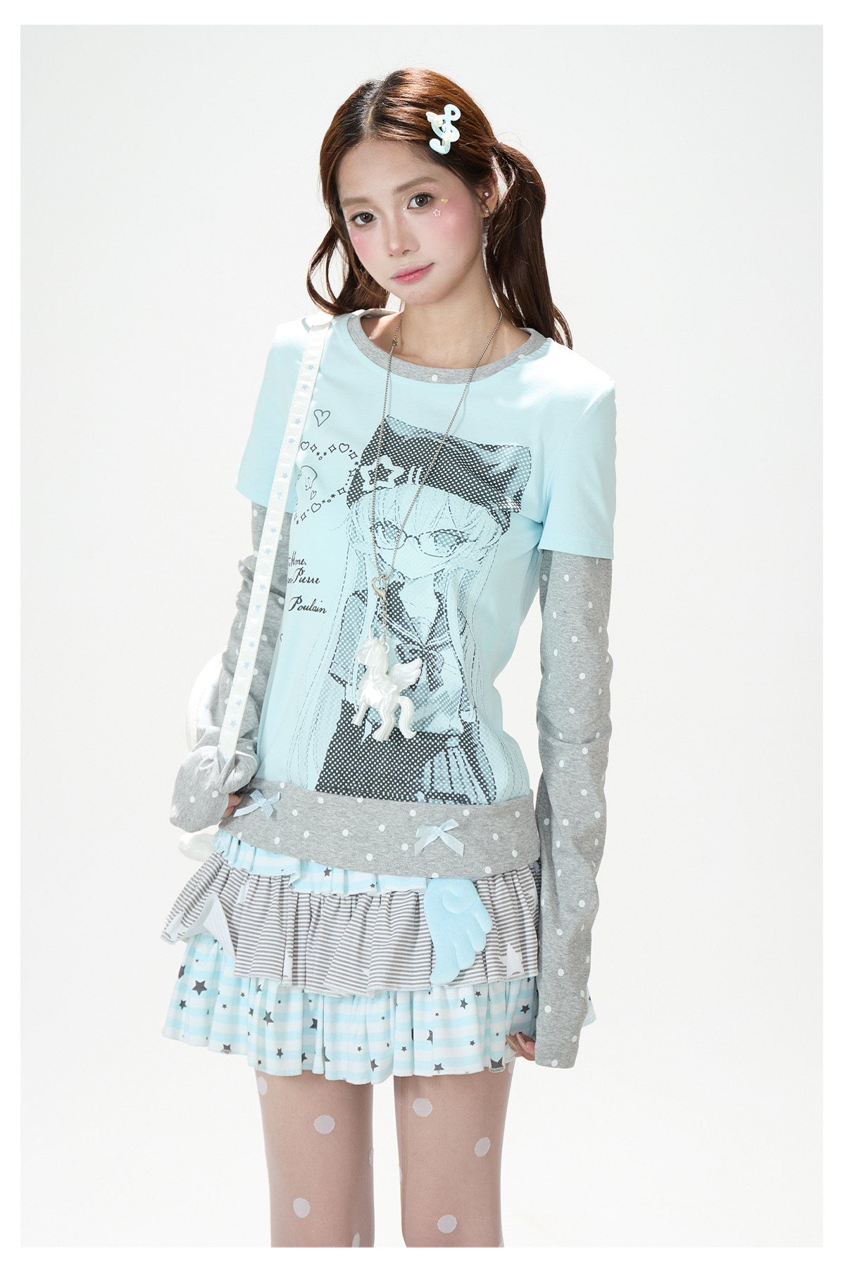 Anime Girl Polka-Dot Layered Long Sleeve Top & Star Tiered Ruffle Mini Skirt