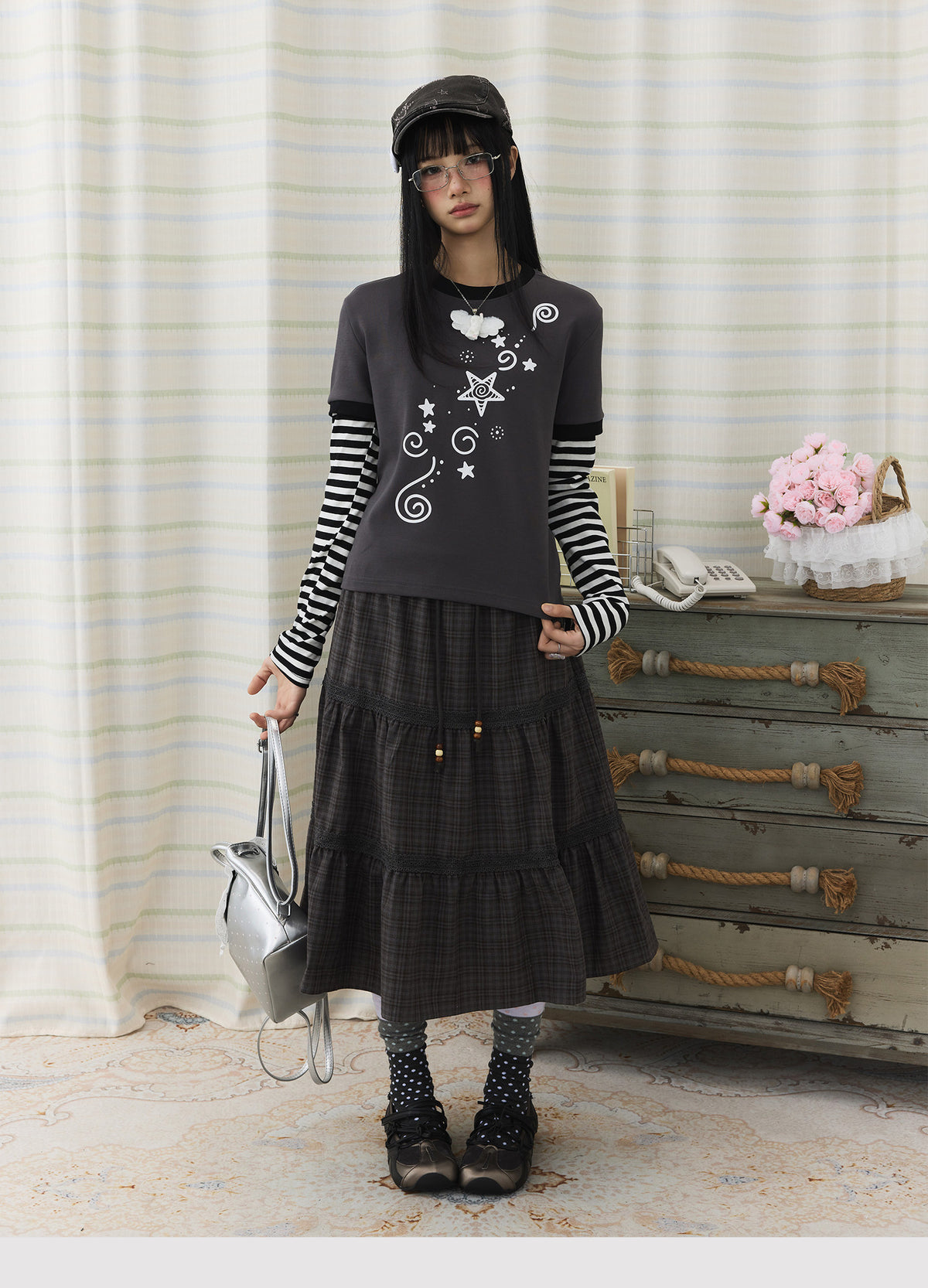 Plaid Tiered Lace Trim Midi Skirt